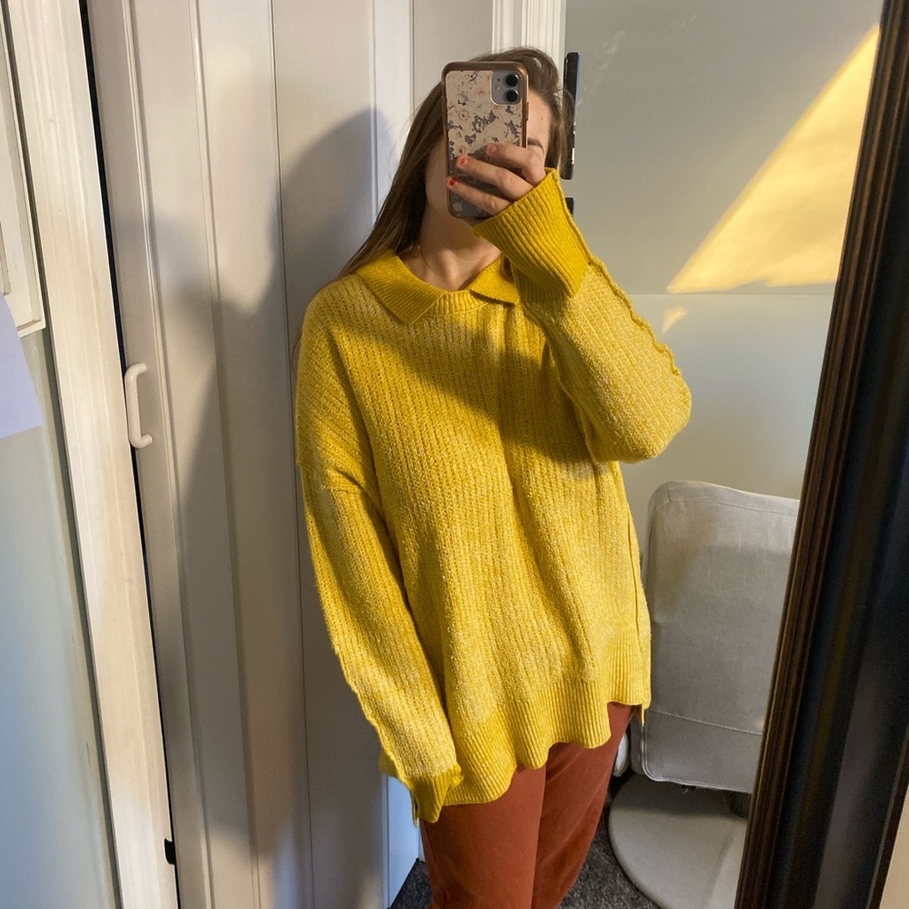 NEW Free people mustard yellow long sleeve knit collared crew neck sweater small